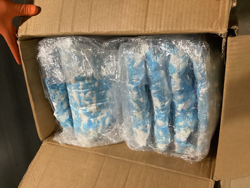 Condition photo showing As Is for shredded memory foam filling - premium soft bean bag filler, 40lbs blue & white pillow stuffing for couch cushion, dog bed, chair - high density, no chemical smell, easy to use
