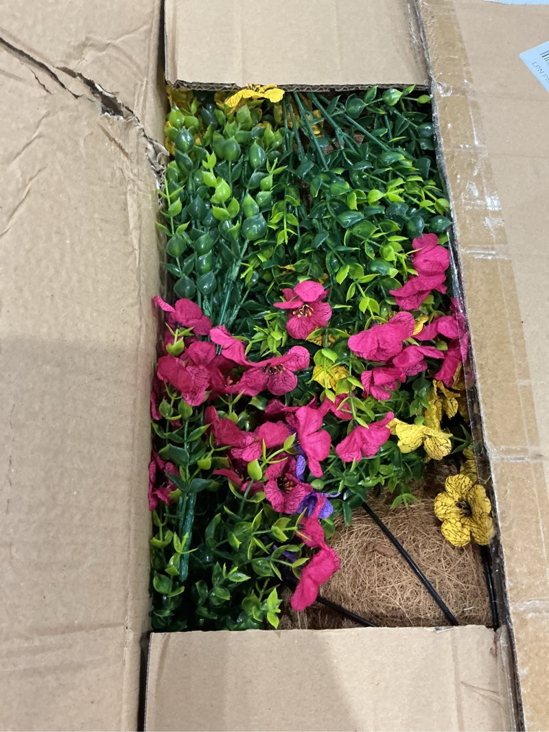 Condition photo showing Good Condition for 2 sets artificial hanging flower for outdoors, fake hanging basket for outside,2 hanging basket with 26 pcs faux silk flowers for porch, balcony and patio decor(mixed) mixed hanging artificial flower(2 pcs)
