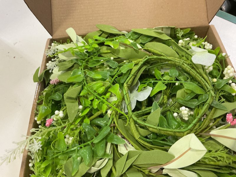 Condition photo showing Good Condition for 6 pcs small spring summer hanging wreaths for cabinets with white hydrangea flowers and eucalyptus leaves artificial mini candle ring wreath for home kitchen front door window porch wall wedding decor white flower wreath 6