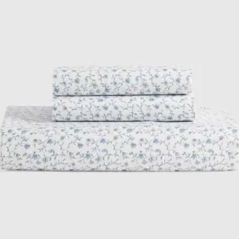classic organic percale floral fitted sheet set, blue florette, king