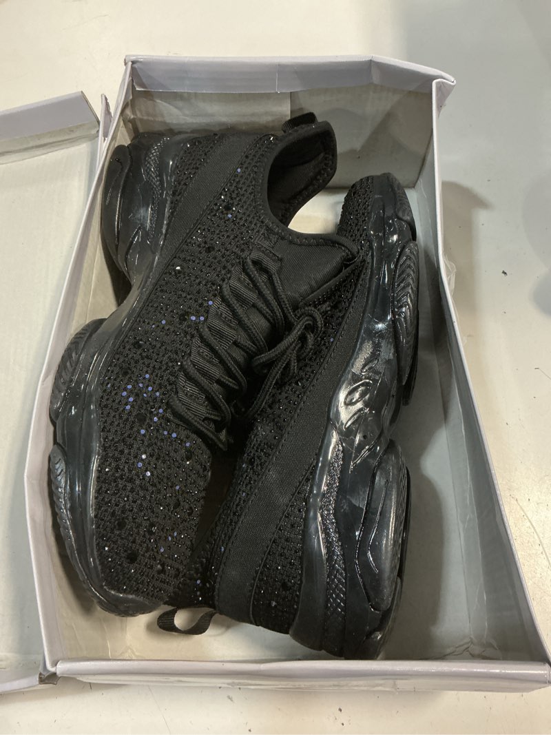 Condition photo showing Good Condition for belos women's rhinestone mesh slip on walking shoes fashion breathable spakle glitter sneaker 9 black shinestones