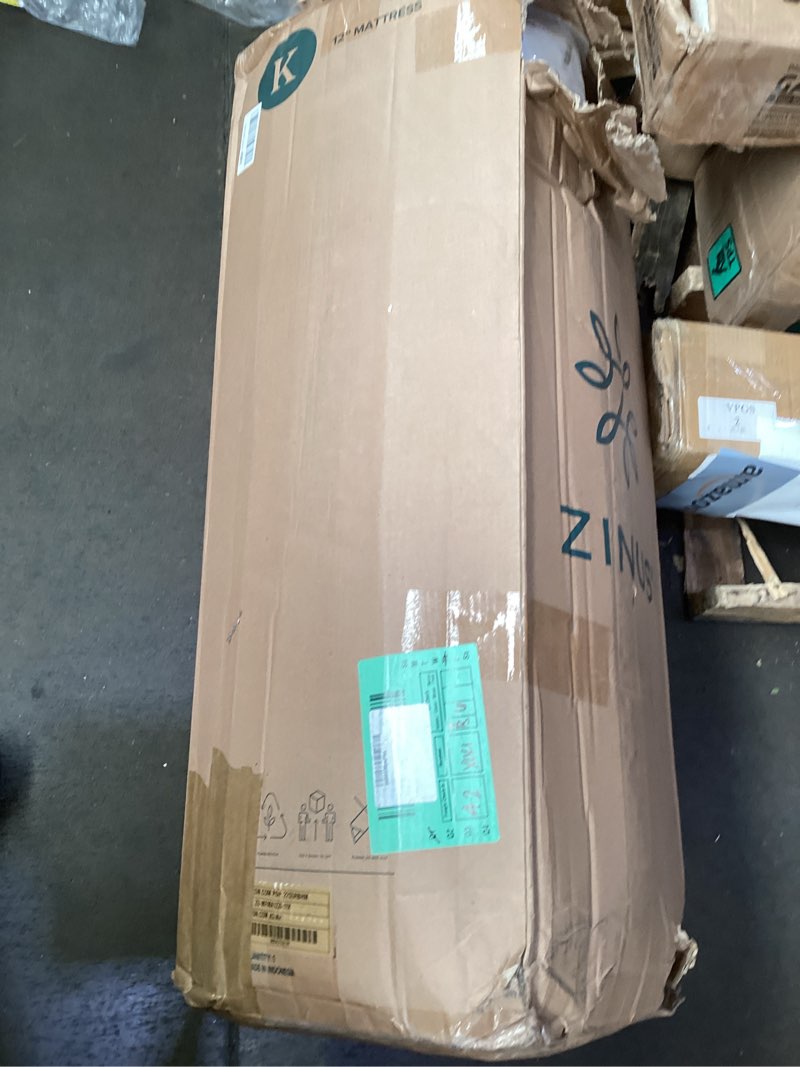 Condition photo showing As Is for zinus 12 inch green tea cooling memory foam mattress [new version], king, fiberglass free, medium firmness, cooling gel foam, certified safe foams & fabric, mattress in a box
