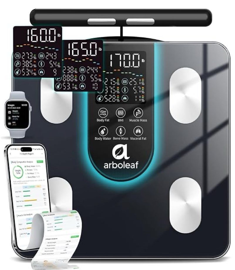 arboleaf smart scale for body weight, dual-frequency 8-electrode bia | 7-in-1 display shows key stats fast; app unlocks 50+ metrics, trend charts, family profiles, plus data syncing and reports
