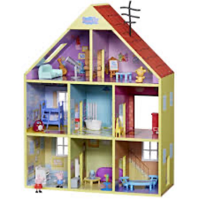 peppa pig wooden deluxe playhouse, 8 rooms, includes 2 fun figures and 29 accessories, made of respo
