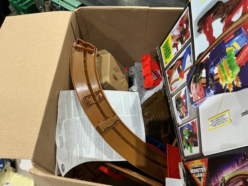 Condition photo showing As Is for monster jam, supercharge speedway playset, megalodon and el toro loco die-cast monster trucks, light up world finals track kids toys for boys ages 3 and up