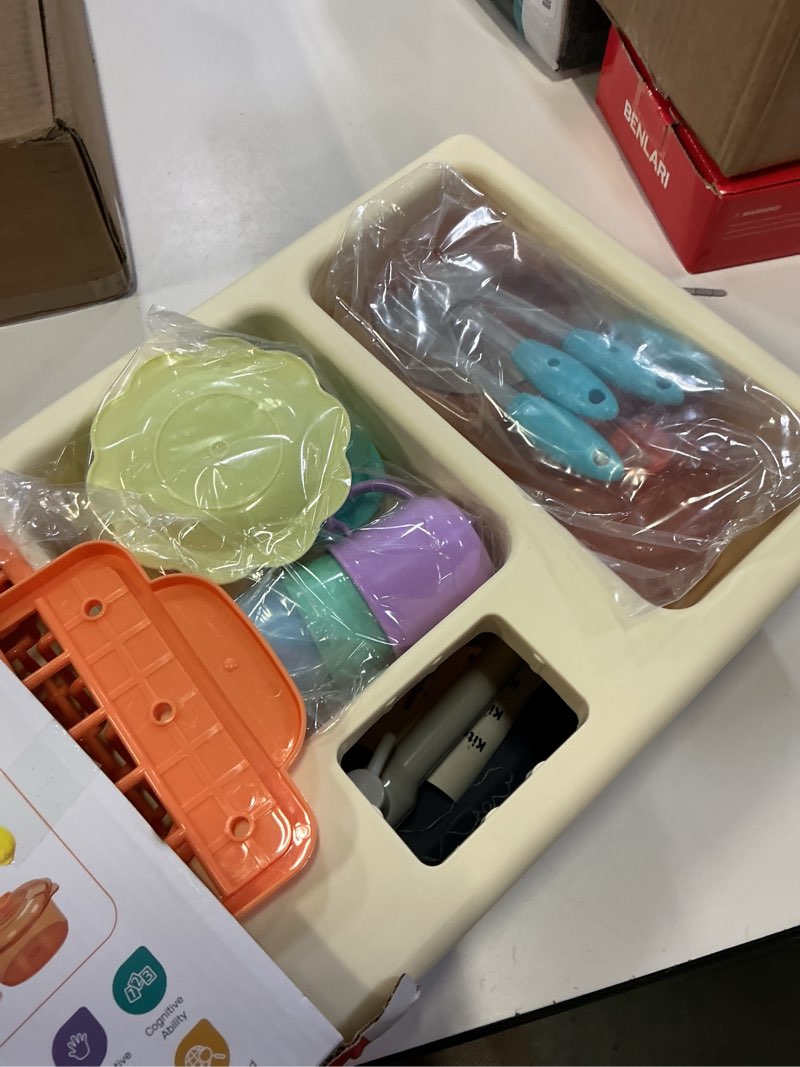 Condition photo showing New/Like New for cute stone pretend play kitchen sink toys with play cooking stove, pot and pan with spray realistic light and sound, dish rack & play cutting food, utensils tableware accessories for kids toddlers