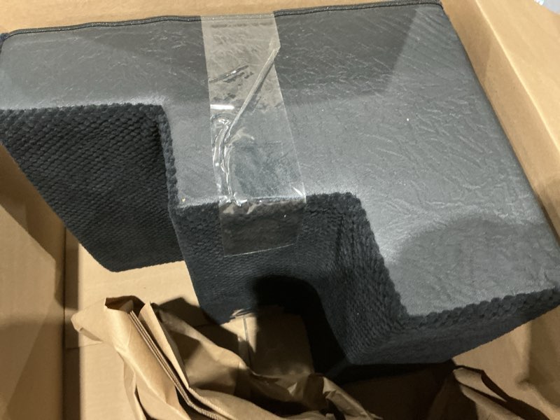 Condition photo showing Good Condition for cozy kiss dog stairs for small dogs, 3 tier pet stairs for couch, 13.5" h non-slip dog steps for old cats, puppy, small dogs, 15.7x17.7x13.5 inch, black black 3 15.7x17.7x13.7 inch