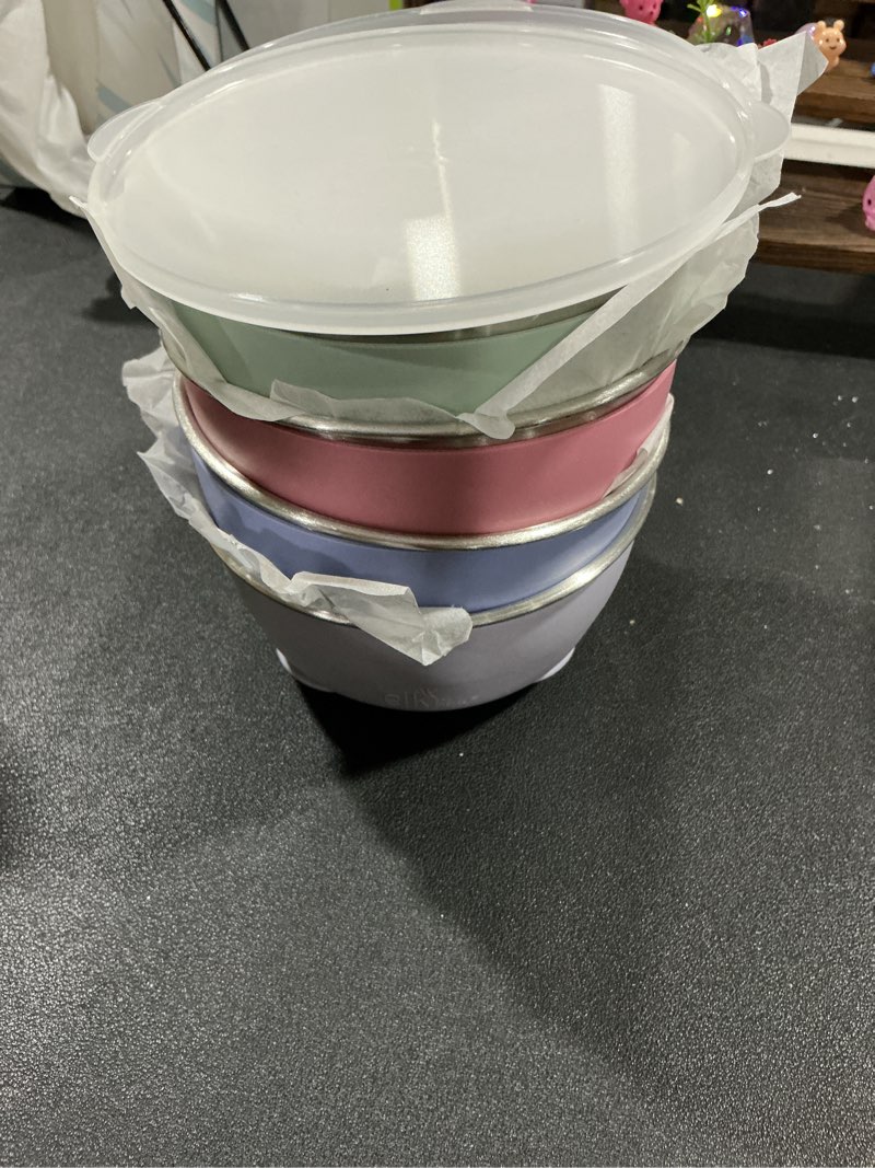 Condition photo showing New/Like New for Elk and Friends Stainless Steel Bowls with Silicone Sleeve for Babies & Toddlers | Lids Included | Stay Put Suction | Cereal & Snack Bowls | 4 Pack Sage/MistyBlue/Navy/Gray Suction Sleeve