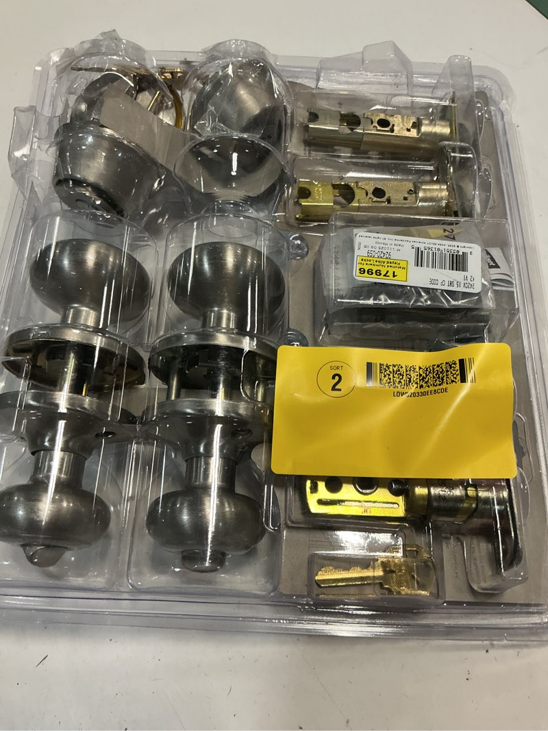 Condition photo showing As Is for home front by schlage marwood satin nickel exterior single-cylinder deadbolt and keyed entry