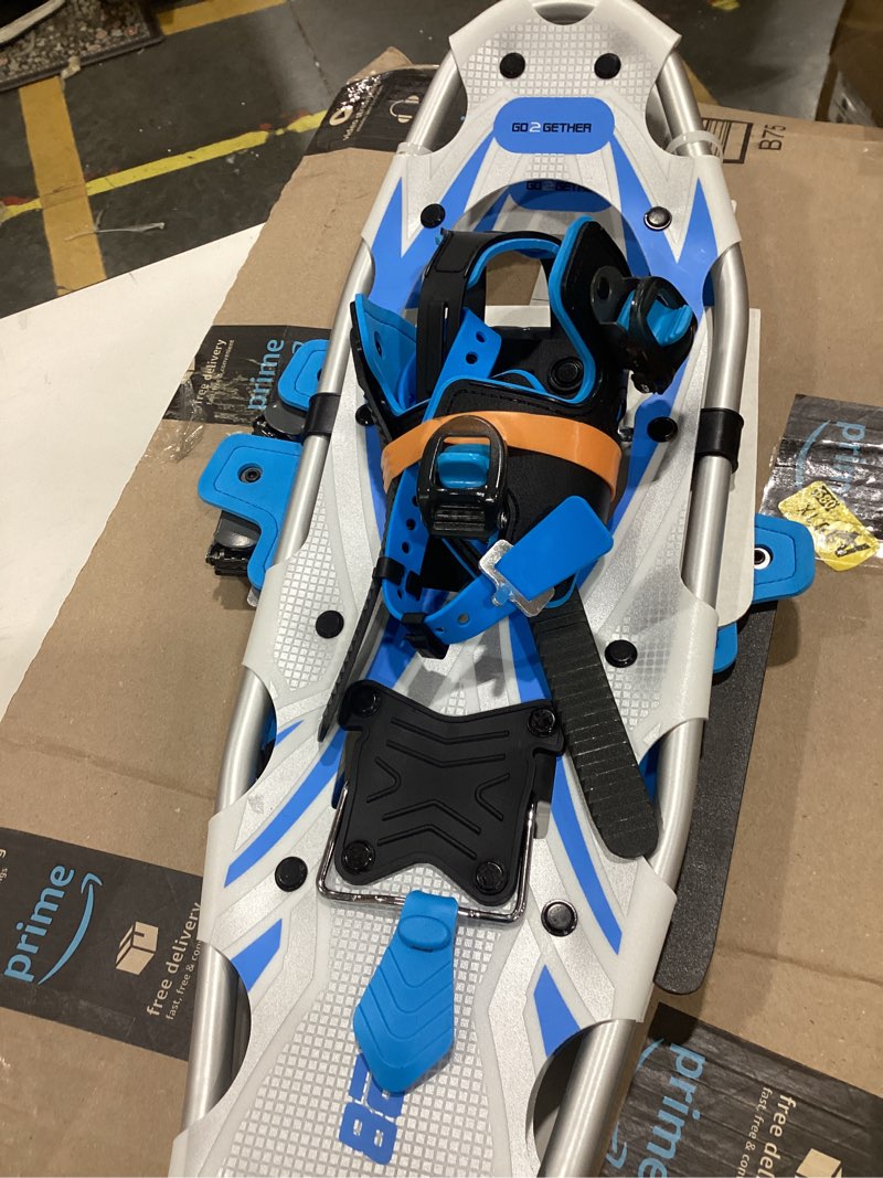 Condition photo showing As Is for G2 21/25/30/36 Inches Light Weight Snowshoes with Toe Box, EVA Padded Ratchet Binding, Heel Lift, Flexible Pivot Bar, Durable Back Strap, Trekking Poles, Carrying Bag, Snow Baskets(6 colors available) Blue 25"(Up to 200lbs)