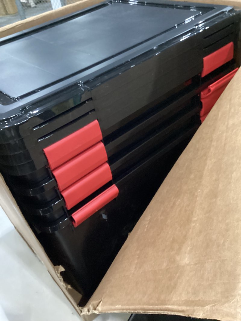 Condition photo showing New/Like New for IRIS USA WeatherPro 74 Qt Storage Bins with Lids, 4 Pack, BPA-Free Plastic Gasket Box with Tight Latch and Seal, Stackable Nestable Tote Tub - Black/Red 74 Qt. - 4 Pack