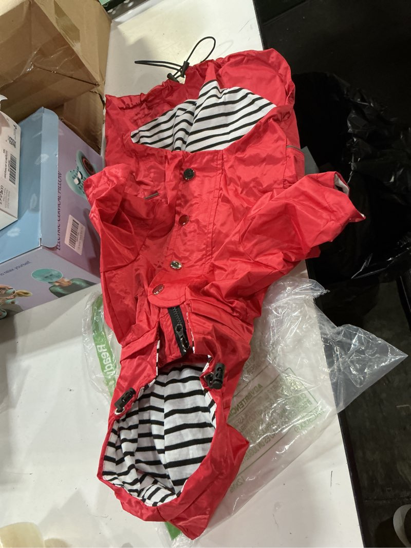 Condition photo showing Good Condition for morezi dog zip up raincoat with reflective, rain/water resistant, adjustable drawstring, removable hood, raincoats with legs 8lbs to 80lbs available - red - m medium red