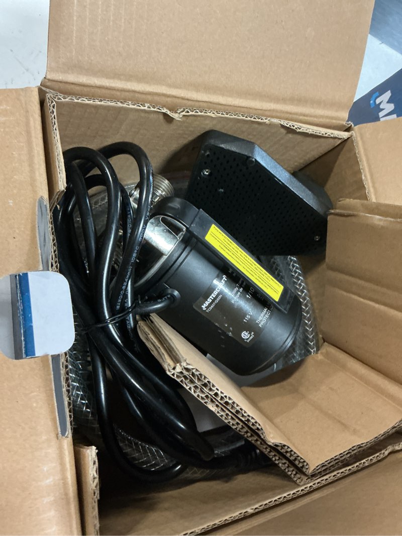 Condition photo showing As Is for acquaer 1/10 hp portable transfer pump with suction attachment and 6ft. garden 