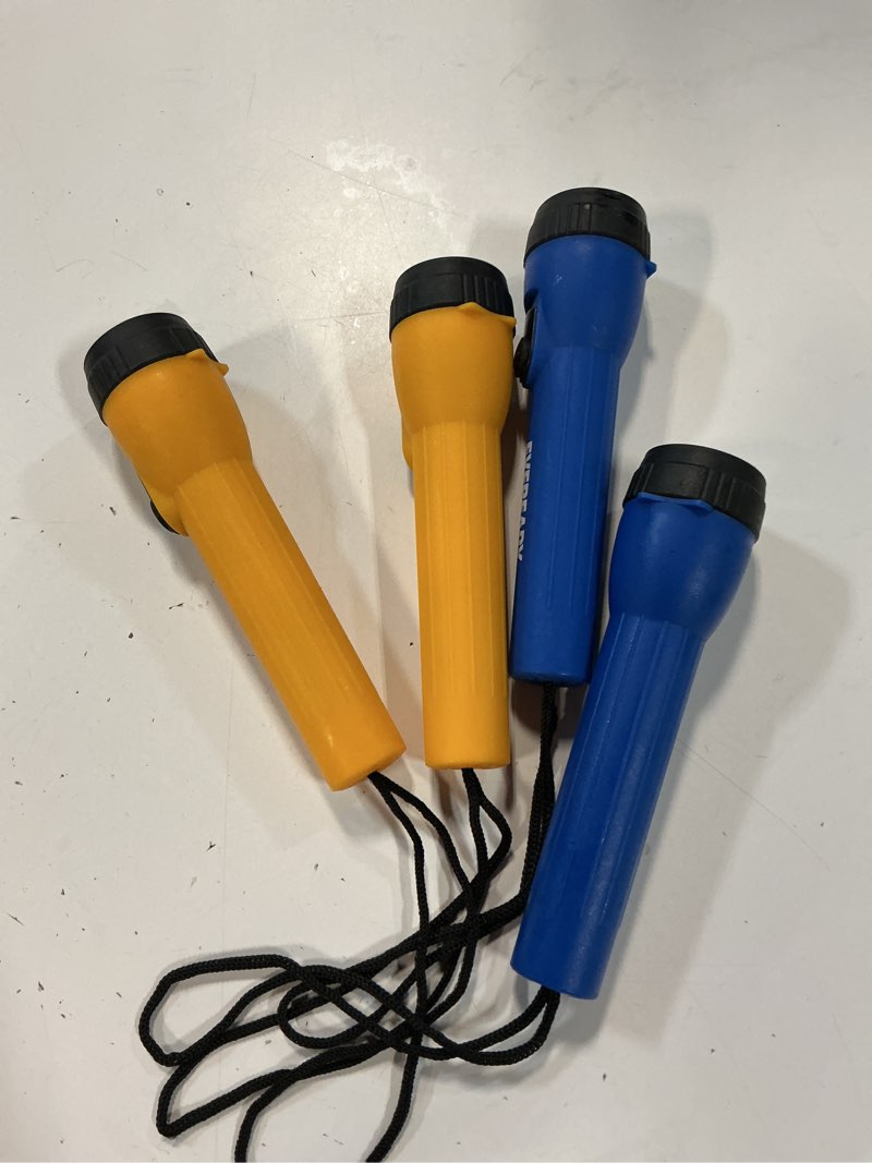 Condition photo showing As Is for eveready led flashlights (4-pack), bright flashlights for emergencies and camping gear, flash light with aa batteries included, blue/yellow (4-pack) yellow / blue 4 pack