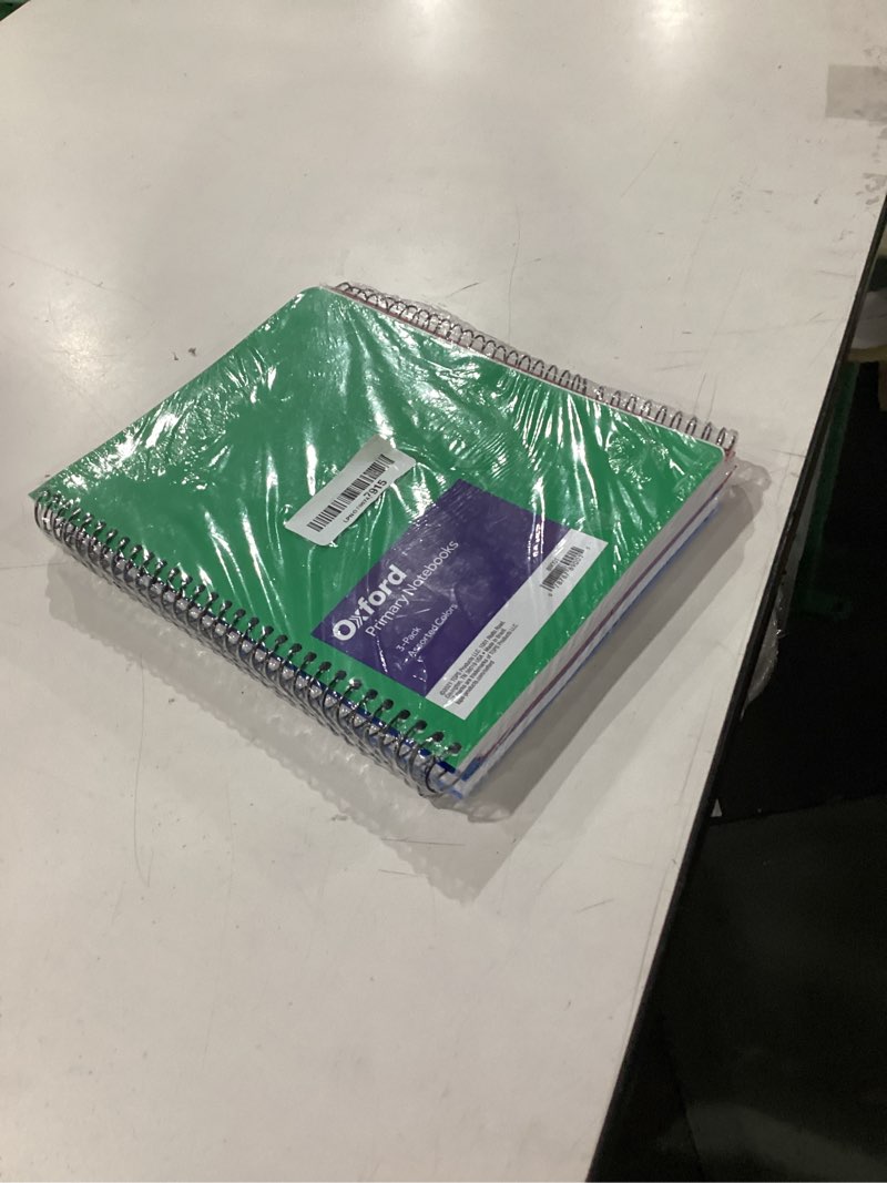 Condition photo showing New/Like New for oxford 1-subject notebooks, school journal, 8 x 10-1/2 inch, wide rule paper, 70 sheets, 3-hole punch, 3 pack, red, blue, green, color assortment may vary (65029) 10.5" x 8" x 10.5"