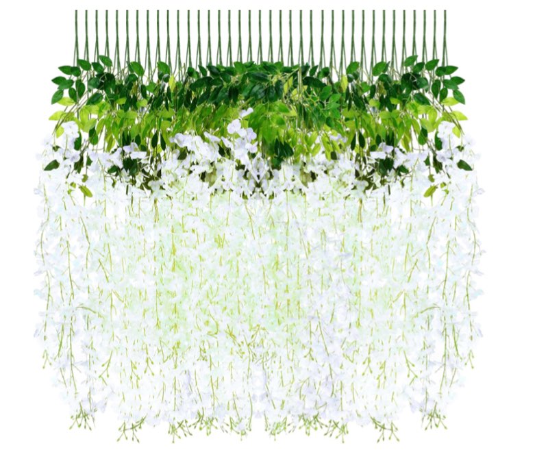 Riceshoot 240 Pcs Artificial Wisteria Hanging Flowers Garland 43.3 in/ 3.6 Ft Silk Fake Wisteria Vine Rattan Long Hanging Flowers String for Home Outdoor Wedding Party (Pure White)