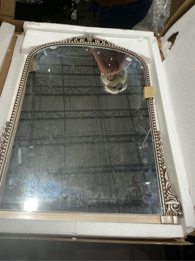 Condition photo showing Good Condition for antique silver 24 in. w x 32 in. h carved arched pu frame vanity wall mirror
