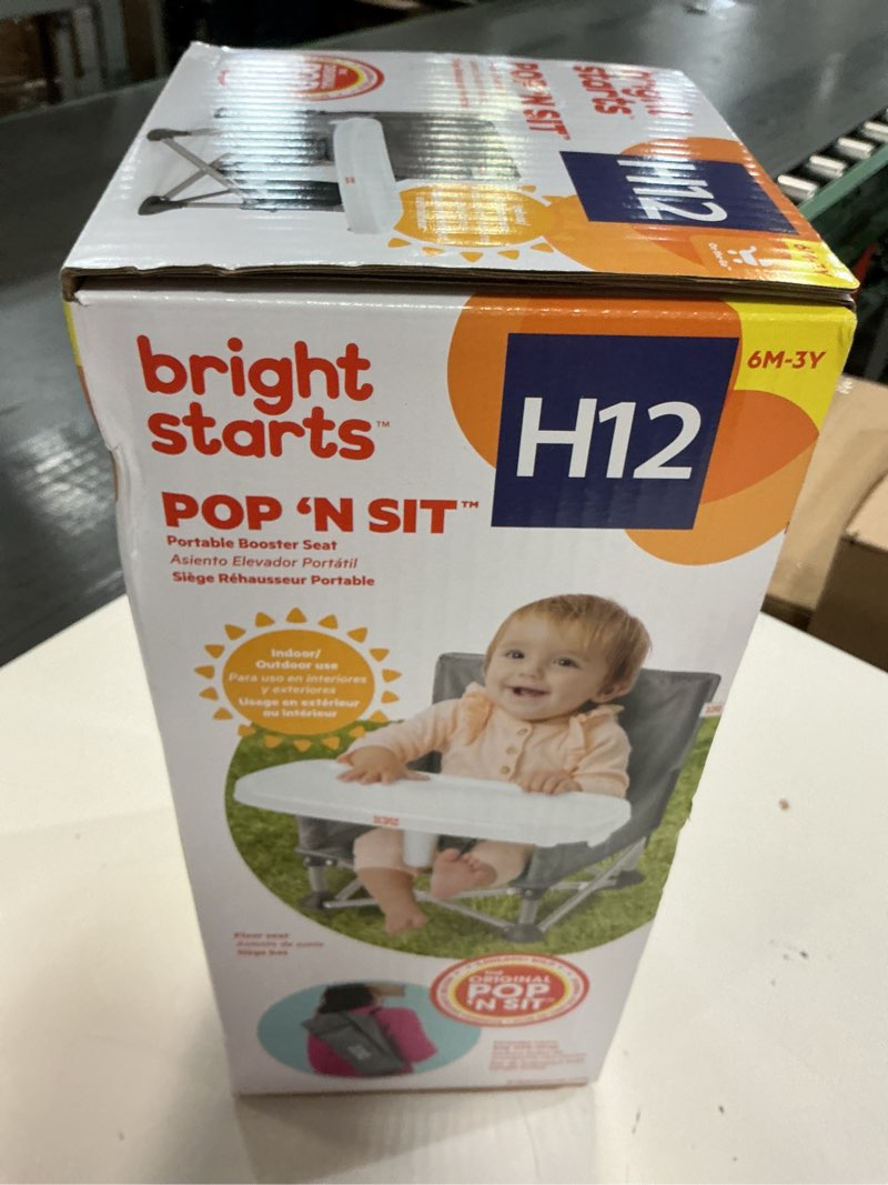 Condition photo showing New/Like New for bright starts pop 'n sit portable booster, indoor/outdoor use, floor seat with feeding tray, grey, 6 mos - 3 yrs core gray