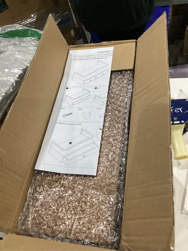 Condition photo showing As Is for Floating Shelves for Wall Storage, Wall Mounted Bathroom Shelf with Drawers Set of 2, Rustic Wood Floating Drawers for Living Room, Kitchen, Home Decor, Plants, Books Rustic Brown 15.8 Inch Long