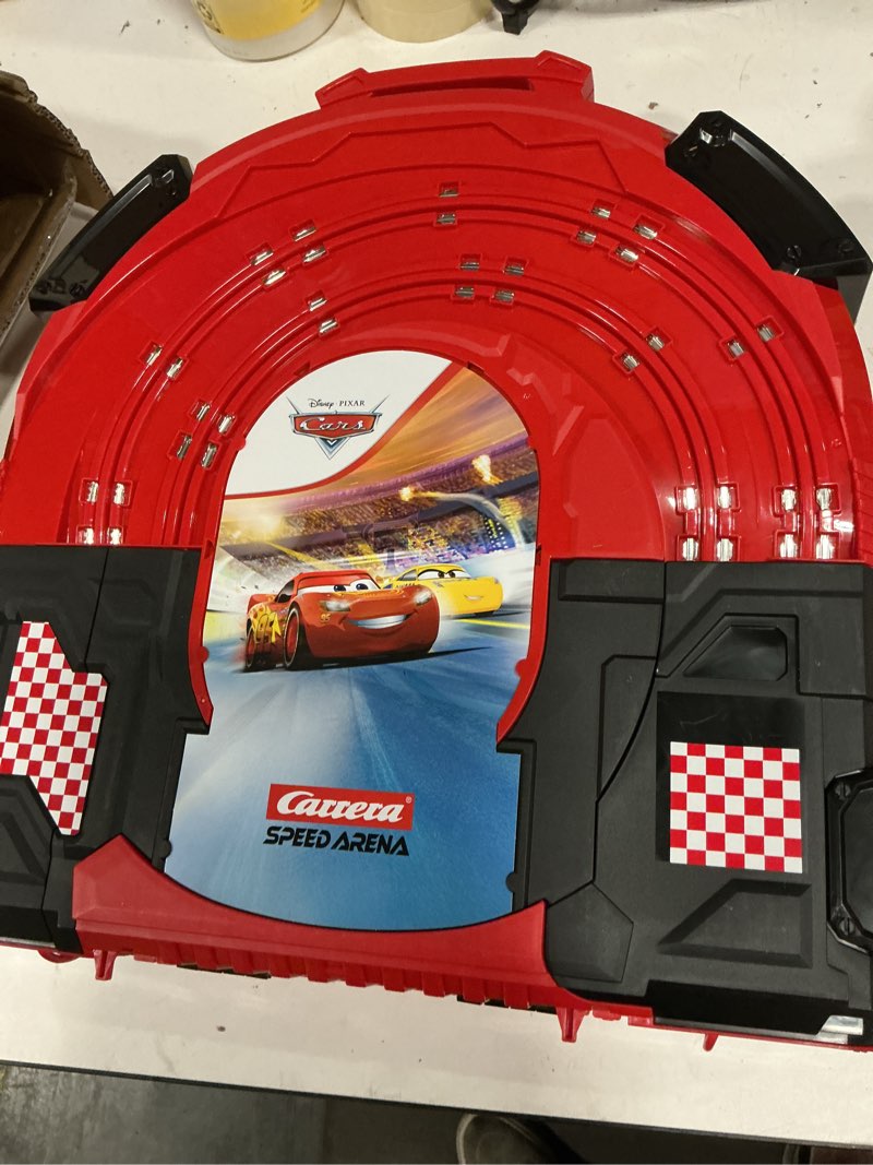 Condition photo showing Good Condition for carrera speed arena disney pixar cars - portable slot car race track includes 2 cars lightning mcqueen and dinoco cruz - battery-powered beginner toy racing set for kids ages 3 years and up