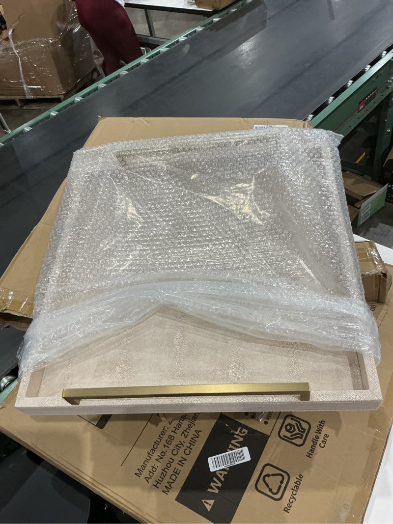 Condition photo showing New/Like New for large ottoman tray for coffee table,square shagreen leather decorative tray with gold handles for living room decor ivory 20" x 20" x 3"
