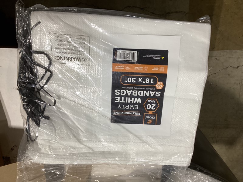 Condition photo showing As Is for xpose safety heavy duty sand bags with tie strings – empty woven polypropylene sandbags for hurricane flood protection, 100 lb capacity, 18" x 30", white, pack of 20 20 sandbags white