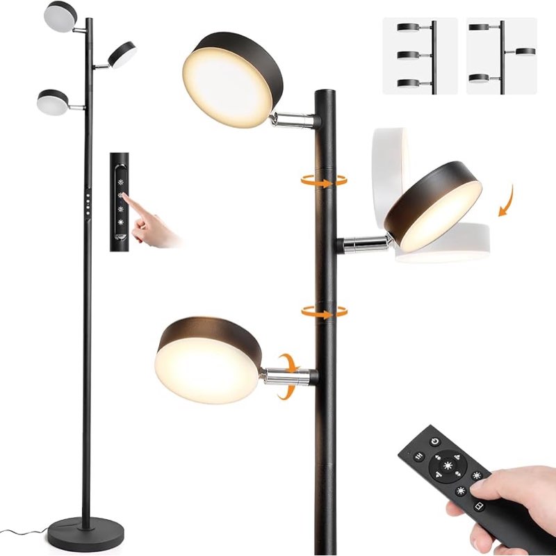 JUNNAI LED Tree Floor Lamp with Remote & Touch Control, 3 Heads Adjustable Dimmable Modern Floor Lam