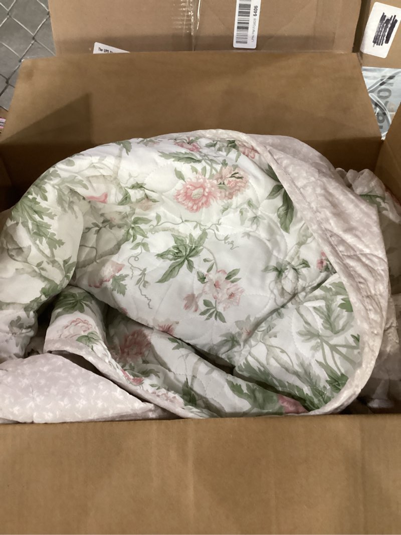 Condition photo showing As Is for laura ashley - queen quilt set, reversible cotton bedding with matching shams, lightweight home decor for all seasons (breezy floral pink/green, queen) queen breezy floral pink/green