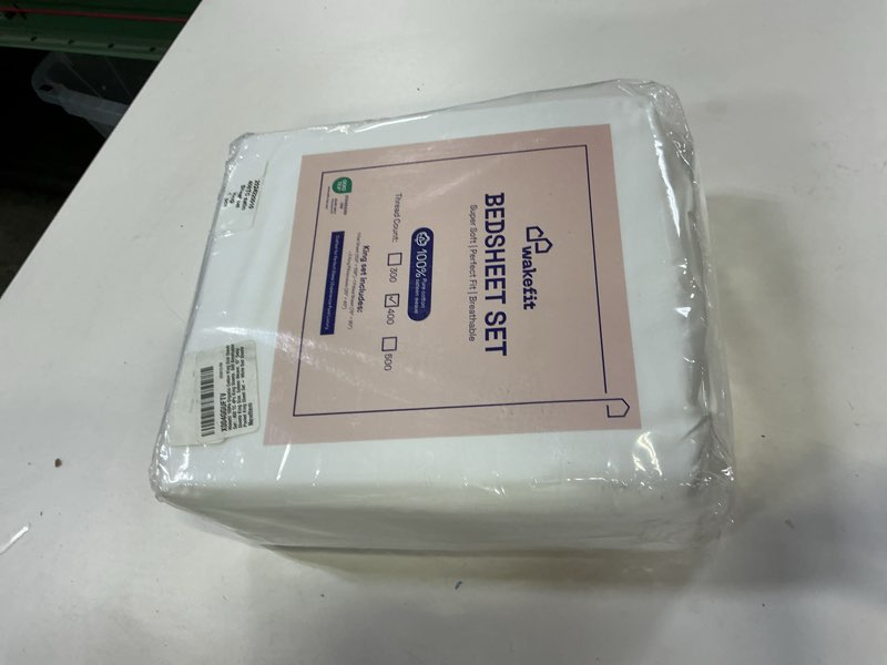Condition photo showing New/Like New for Wakefit 100% Organic Cotton King Size Sheets Set||400 TC 4Pc Soft Breathable Sheets King Size, Sateen Weave, 15" Deep Pocket Sheet Set - White 400tc Cotton King