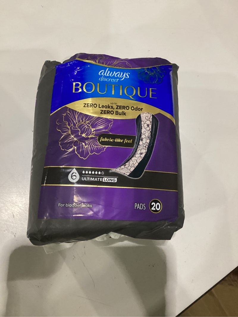 Condition photo showing New/Like New for always discreet boutique adult incontinence bladder leak pads for women, ultimate absorbency, long length, up to 100% bladder leak protection, 20 count
