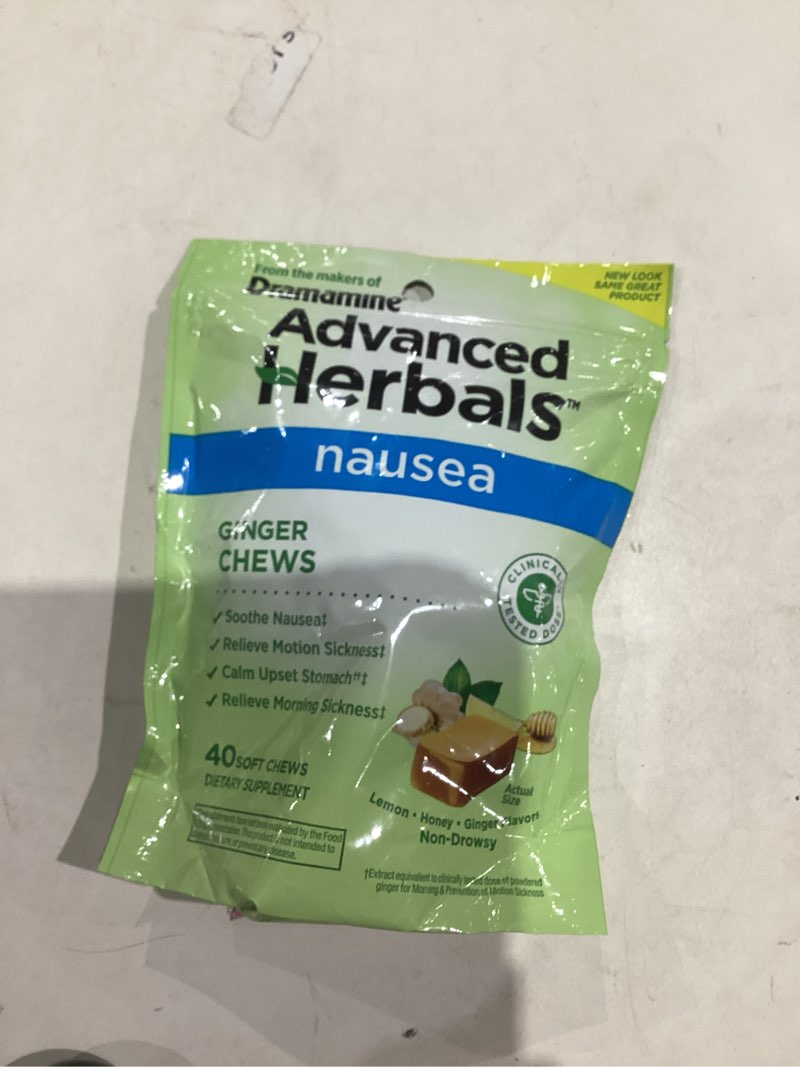 Condition photo showing New/Like New for from The Makers of Dramamine, Advanced Herbals, Ginger Chews, Nausea Relief Soft Chews Lemon-Honey-Ginger, 40 Count
