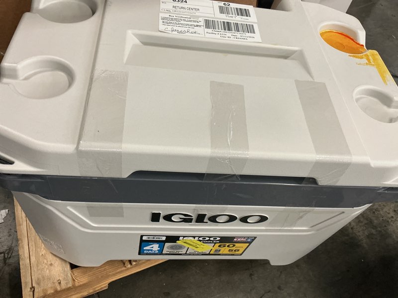 Condition photo showing As Is for igloo 35140 60-quart sunset roller cooler, bone white/gray