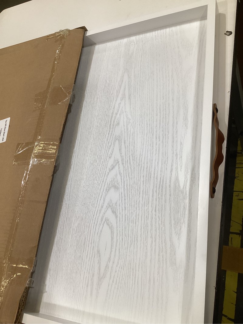 Condition photo showing As Is for swallowliving 24 x 24 inches extra large square wood ottoman tray with leather handles, wooden natural white