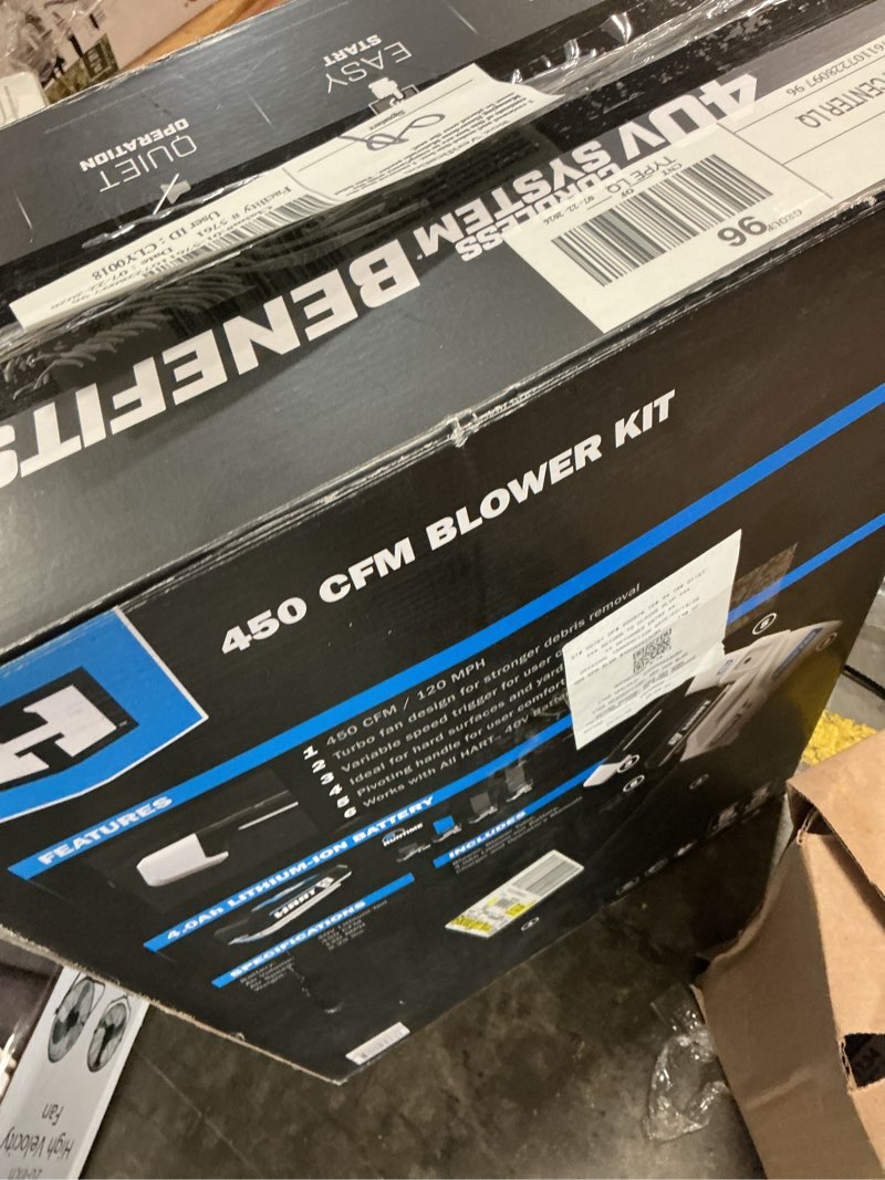 Condition photo showing As Is for hart 40v 120 mph at 450 cfm cordless axial leaf blower kit, (1) 4.0ah lithium-ion battery