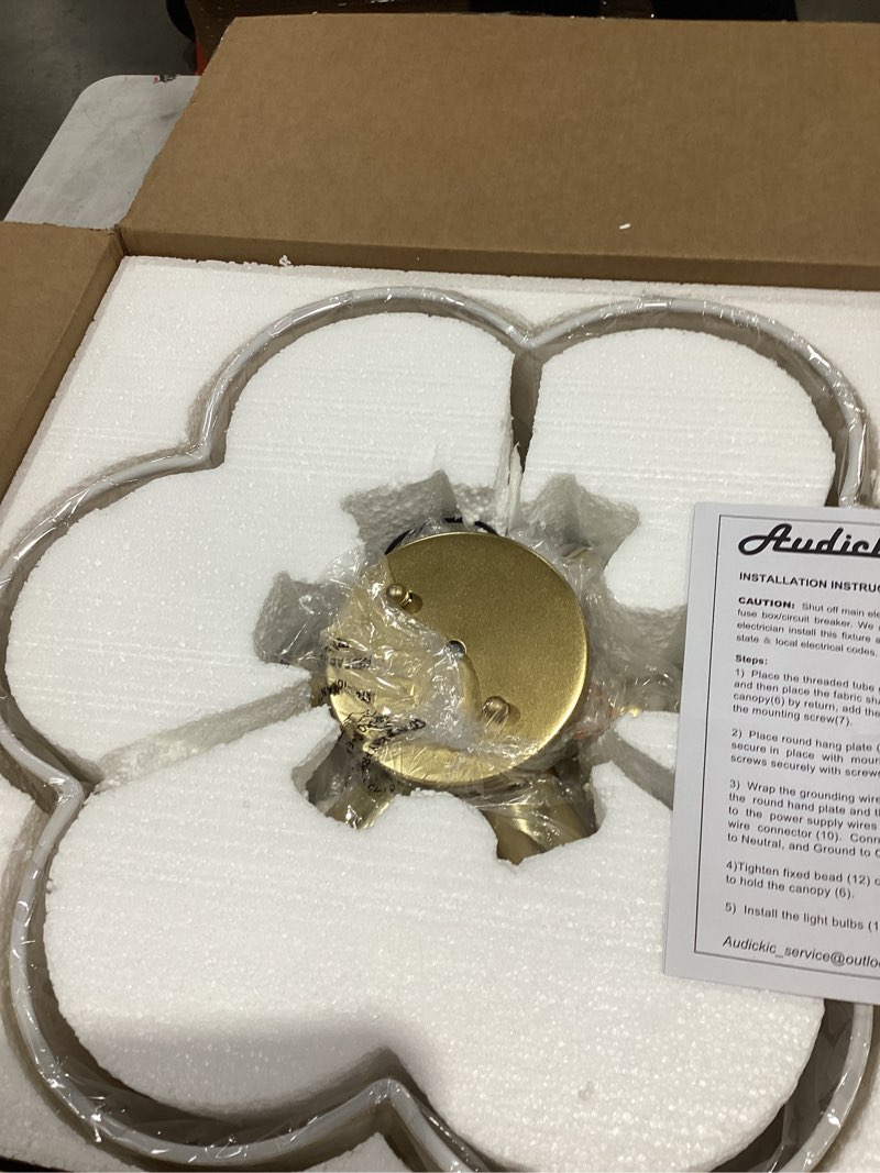 Condition photo showing Good Condition for semi flush mount ceiling lights, 6-light 18" gold light fixtures ceiling mount with fabric shade in flower shape, drum lighting fixture for nursery bedroom kitchen, ad-22007-6sf-gd-b gold, linen fabric shade 18", single shade