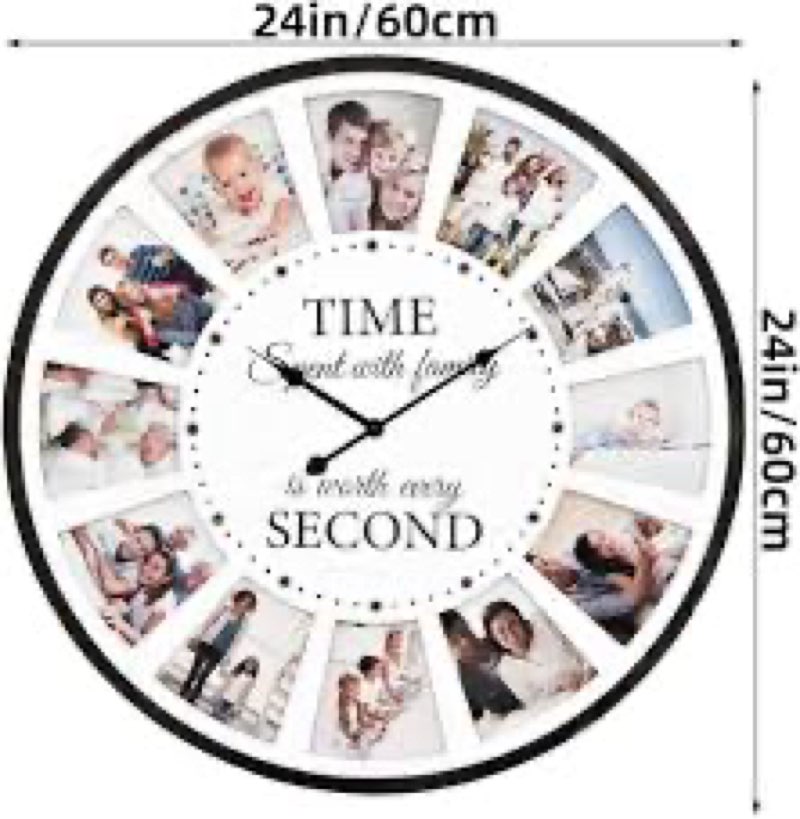 12 photo collage family wood wall clock, rustic farmhouse wall clock, large oversized wall clocks for home, kitchen, living room, silent battery powered 24 inch white