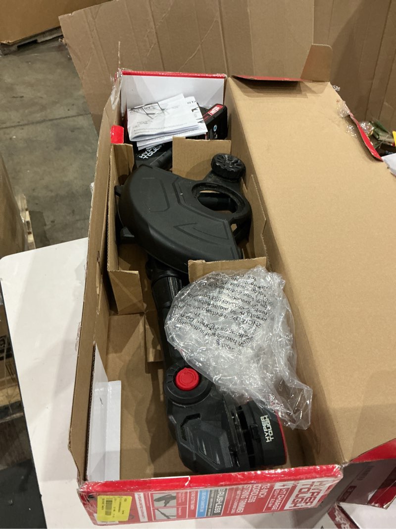 Condition photo showing As Is for hyper tough 12" 20v brushless cordless string trimmer with 20v max 2.0ah battery and charging cable