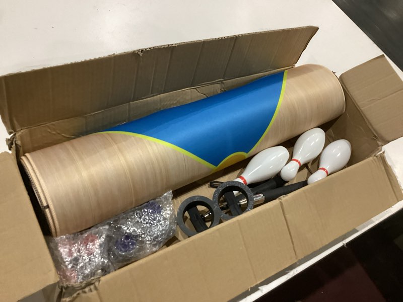 Condition photo showing As Is for shuffleboard, curling and bowling 3 in 1 board game set,game mat, curling rocks, bowling pins,fun family game