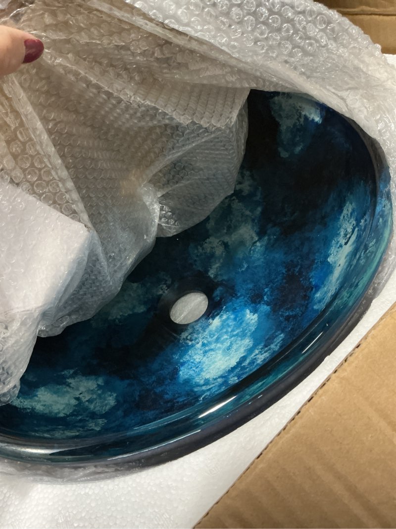 Condition photo showing Good Condition for YOURLITE Bathroom Artistic Glass Vessel Sink Boat Shape Free Oil Rubbed Bronze Faucet and Pop-up Drain,Blue