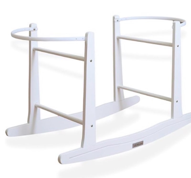 Wooden Rocking Basket Stand Compatible with Moses Baskets for Newborns, Locking Mechanism & Adjustable Strap, white Wood, 35\" x 18.5\" x 19\", Basket Not Included