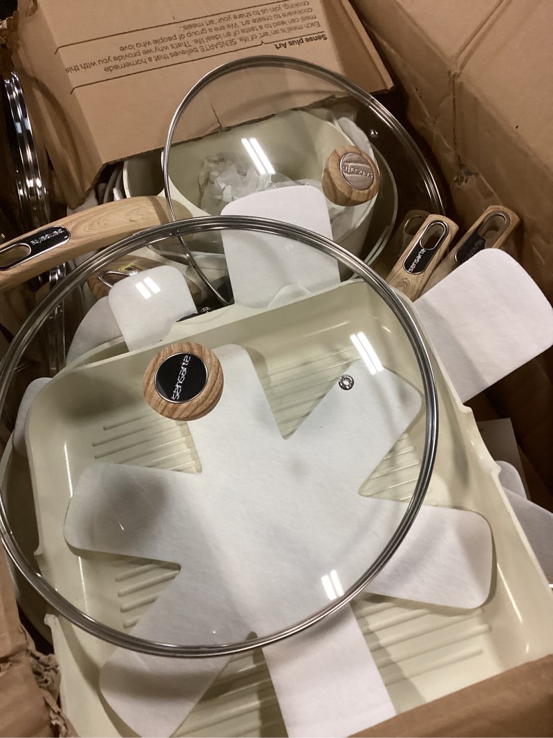 Condition photo showing As Is for sensarte ceramic cookware sets, pots and pans set non stick, non toxic healthy induction cookware, 26 pcs nonstick kitchen cooking set, w/frying pans set, saucepans set ceramic white