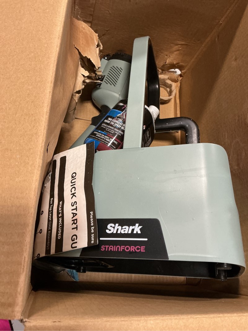 Condition photo showing As Is for Shark StainForce Cordless Portable Spot, Stain, & Odor Remover System for Carpets, Area Rugs, Upholstery, Stairs, with Storage Caddy, Accessories, and Full-Size Cleaning Solution, HX101 (NEW)