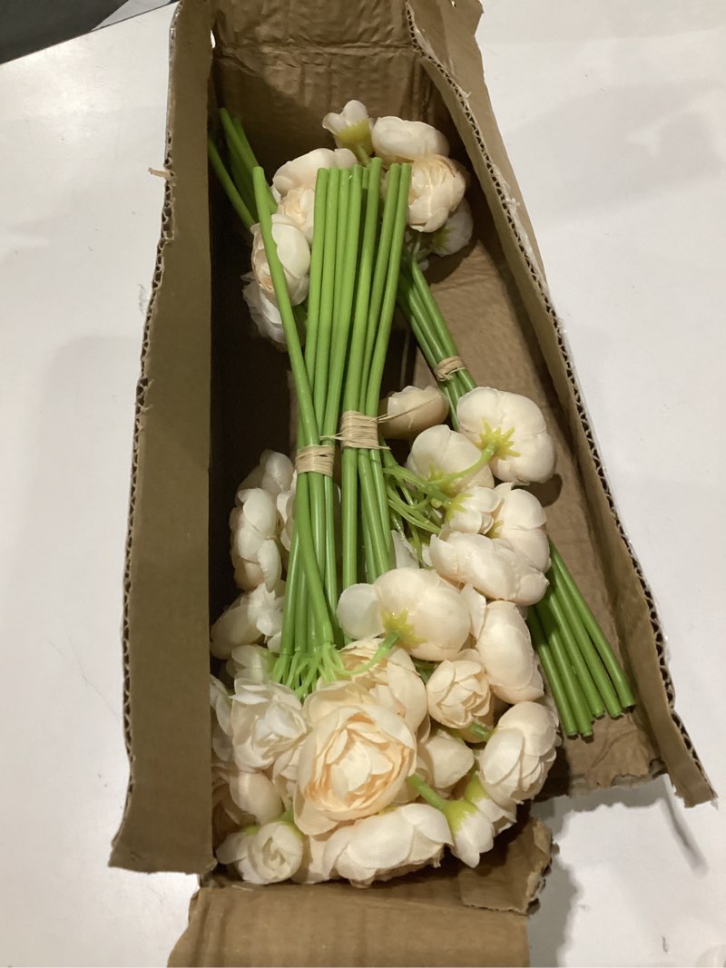 Condition photo showing As Is for 24 pcs ranunculus artificial flower faux silk mini ranunculus flowers fake flowers for diy bouquet,centerpieces tables, wedding decor, bridal shower decorations,home decor(cream)