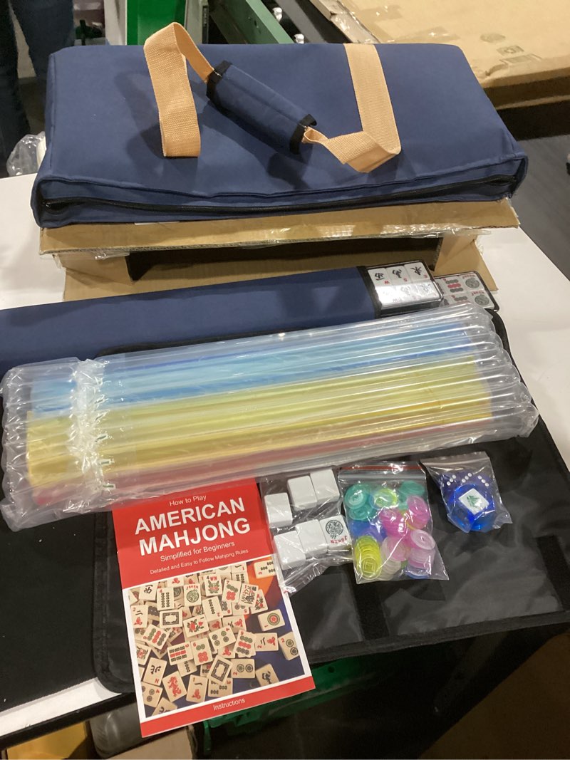Condition photo showing Good Condition for american mahjong game set, 166 premium white tiles, 4 all-in-one color rack/pushers, complete mahjong set blue carrying bag