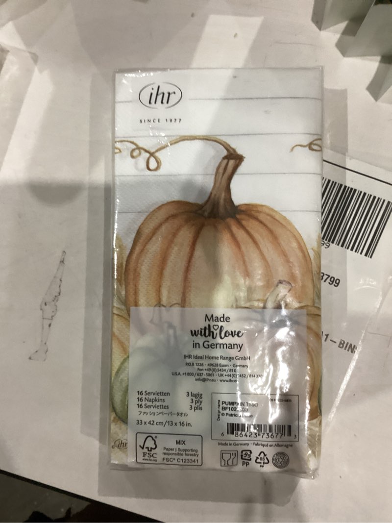 Condition photo showing New/Like New for IHR Ideal Home Range Dinner Napkins Disposable 3-Ply Paper Hand Towels, 8.5" x 4.5", Pumpkin Trio, 16-Count