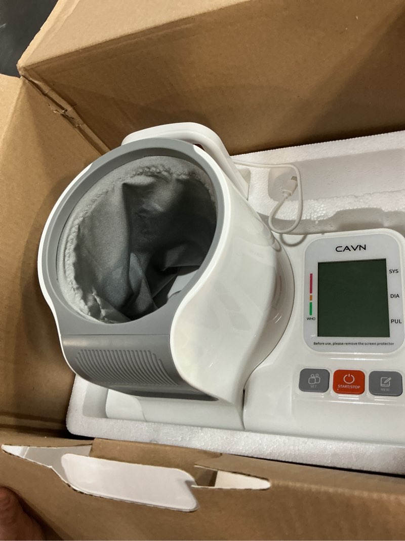 Condition photo showing Good Condition for cavn blood pressure monitor, one-touch barrel-type upper arm blood pressure monitors for home use, no-wrap auto-fit design, fits arms 7.1"-16.5", 3-color backlight, 2 users 2×99 memory white