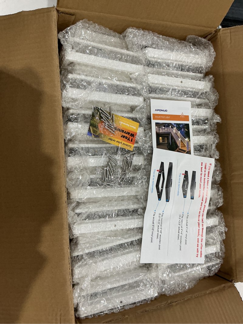 Condition photo showing Good Condition for aponuo solar post cap lights 16-pack, white ip64 waterproof 16 led fence post solar lights for 4x4 5x5 6x6 wood/vinyl posts, 2-mode deck post lights solar powered, 10-hr lighting for patio yard porch white 16 pack
