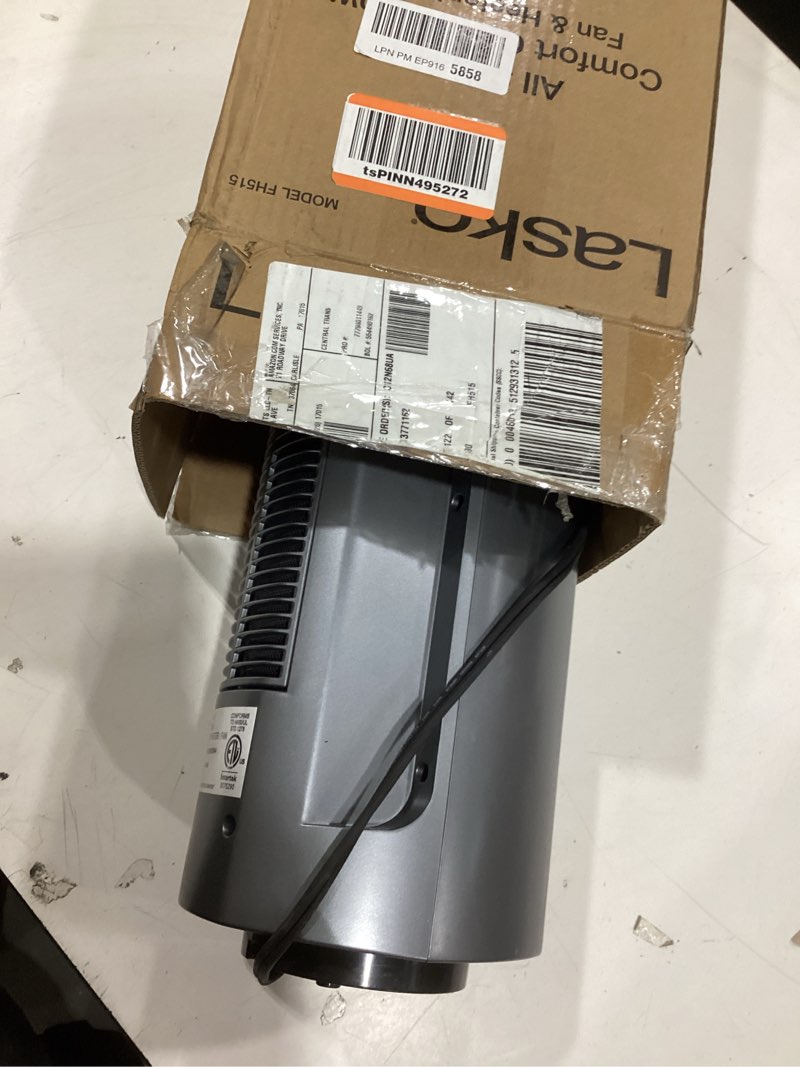Condition photo showing As Is for lasko oscillating all season tower fan and space heater in one for home with adjustable thermostat, overheat protection, 4 fan speeds, 3 heat settings and remote, 42 inches, 1500w, gray, fh515