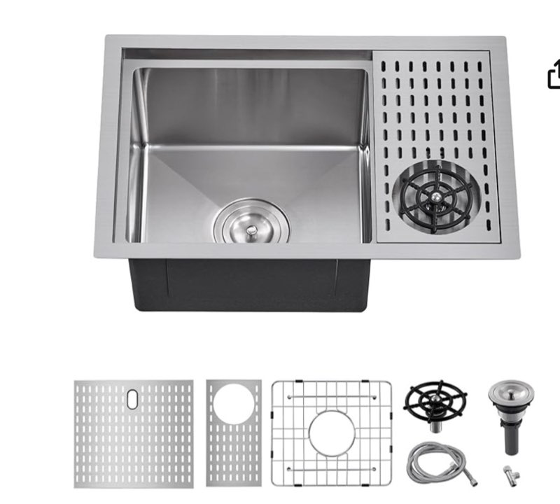 23 Inch Stainless Steel Kitchen Bar Sink With Glass Rinser, Scamall 23x15 Small Kitchen Sink With Cu