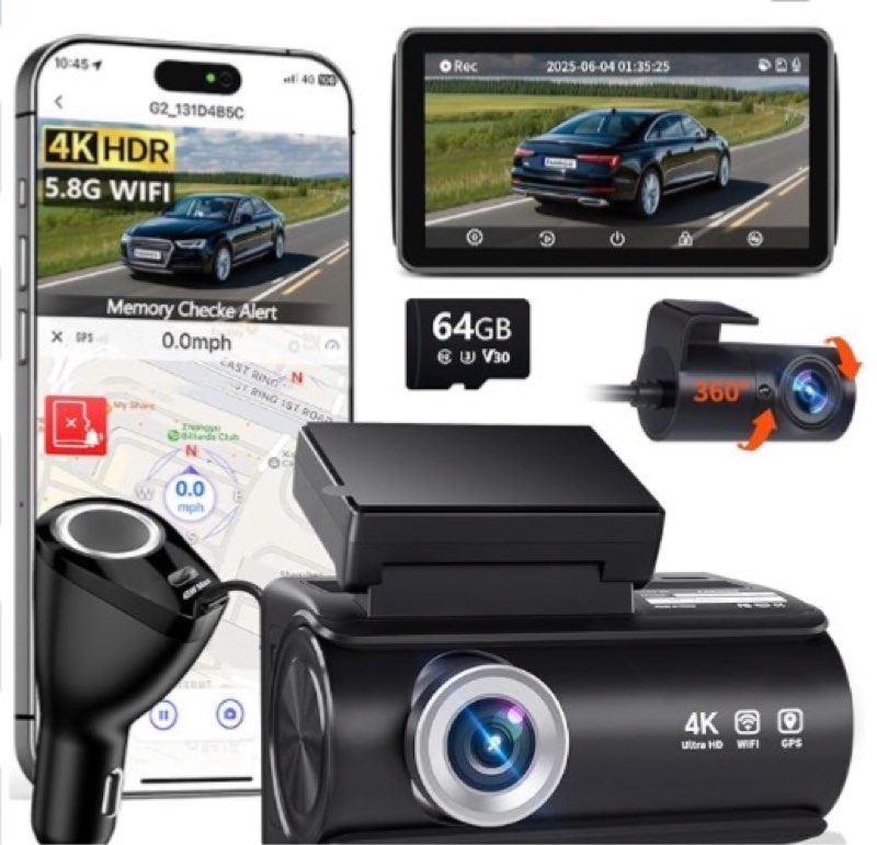 dash cam front and rear, 4k full hd dual dash camera for cars, built-in memory card monitoring, 64gb card, 5g wifi gps, car camera with 3" ips screen, 2160p night vision, 24h parking monitor